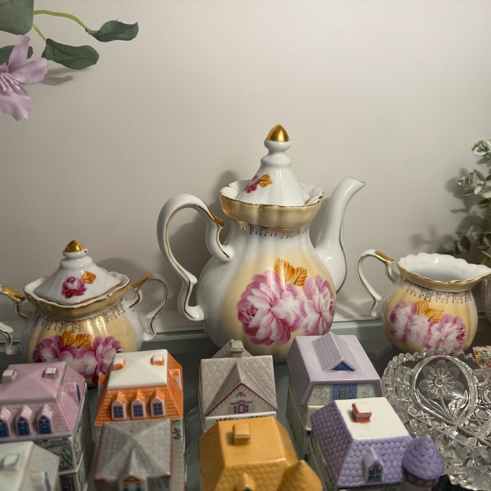 Floral Porcelain Tea Set with Gold Accents